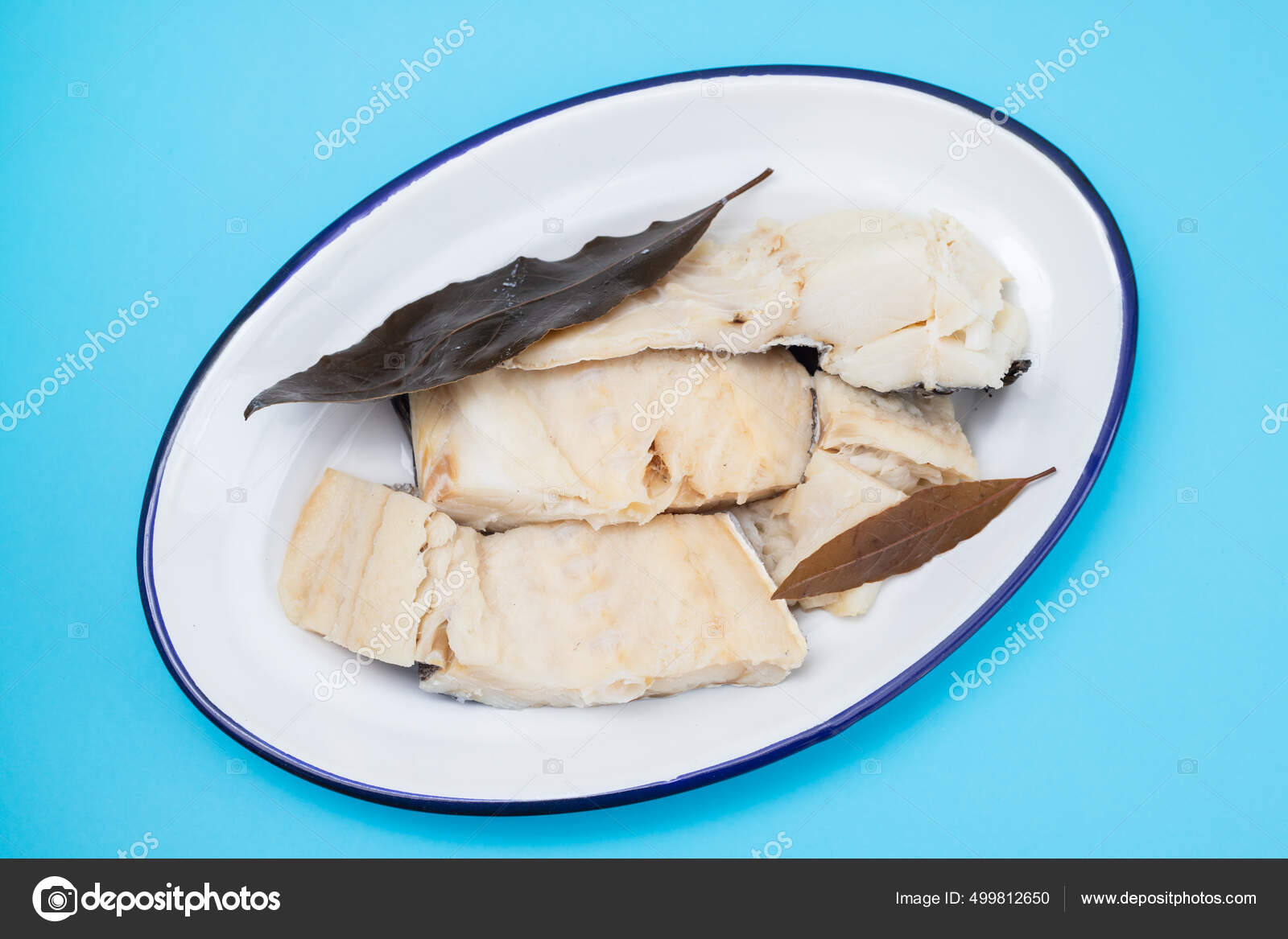 Boiled Cod Fish Bay Leaf White Dish Blue Background Stock Photo by