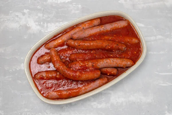Fresh Sausages Tomato Sauce Dish Ceramic Background — Stock Photo, Image