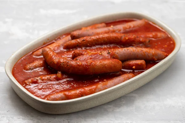 Fresh Sausages Tomato Sauce Dish Ceramic Background — Stock Photo, Image