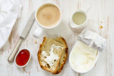 Kahve süt, ekmek ve reçel