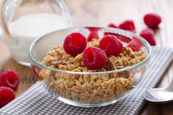 Granola with fruits in bowl and milk — Stock Photo, Image