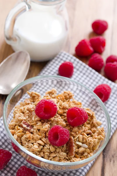 Granola with fruits in bowl and milk — Stock Photo, Image