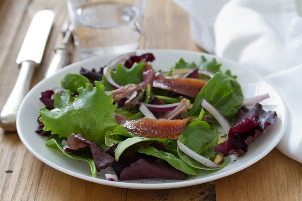 Salade aux anchois et oignon sur assiette blanche — Photo