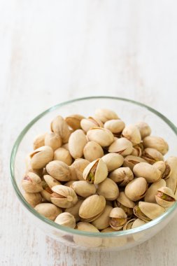 Pistachios in bowl in white background