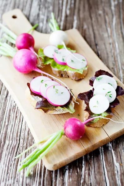 Appetizer bruchettas with radishes — Stock Photo, Image