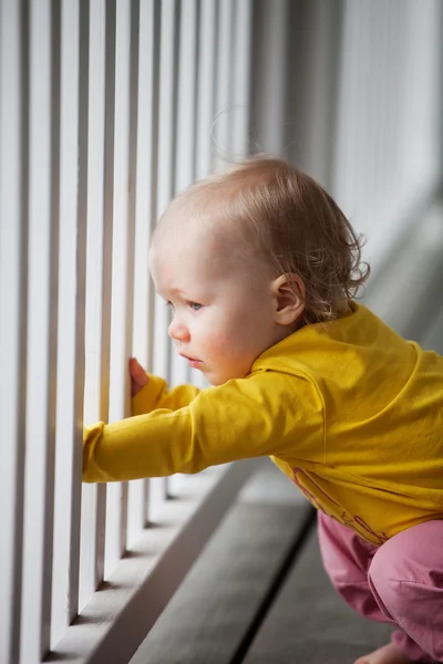 Little girl looking through fence — Stock Photo, Image