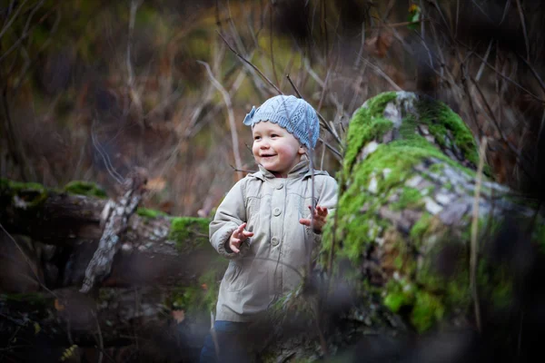 Маленька дівчинка посміхається в осінньому лісі — стокове фото