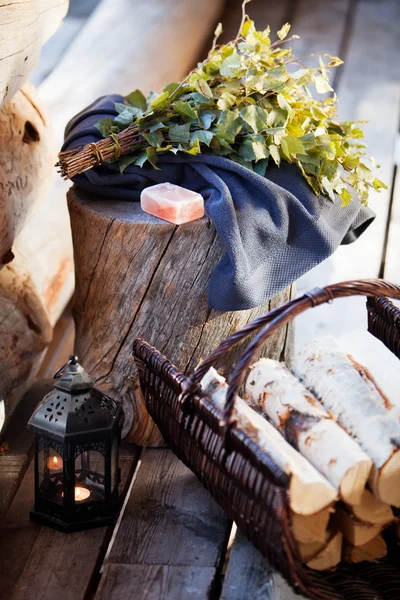 Towel, soap and vihta — Stock Photo, Image