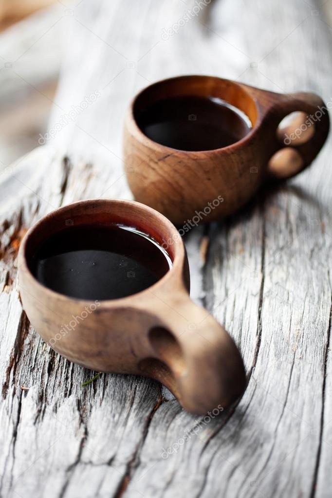 Coffee served in wooden cups