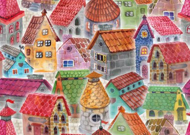 Suluboya ile boyanmış kusursuz el çizimi deseni. Çeşitli komik evleri olan fantastik bir şehir.