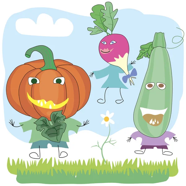 Caricature Cartoon Images Vegetables Form Characters Radish Pumpkin Zucchini — Stock Vector