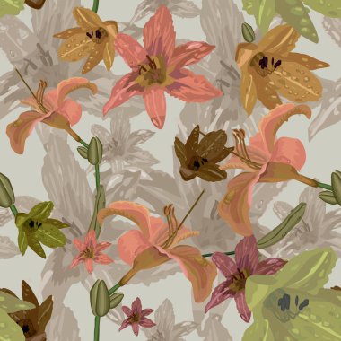 Module seamless pattern for filling the plane with lilies of pink and yellow color on a gray background