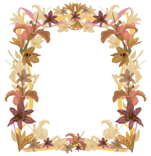 Beautiful Solemn Frame Golden Lilies Page Decoration White Background — Stock Vector