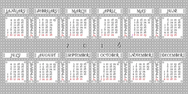 Calendario europeo 2016 con un fondo modelado — Vector de stock