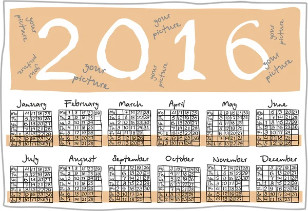 Calendario rejilla 2016 Europea, escritura a mano — Vector de stock