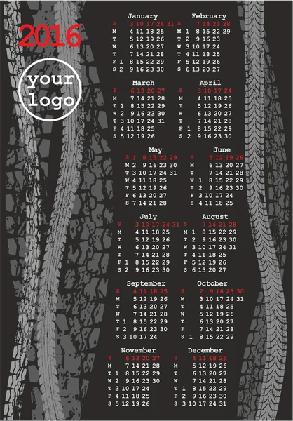 Calendario europeo para 2016 con impresiones de neumáticos — Vector de stock