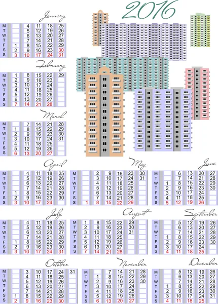 Calendario europeo para la agencia inmobiliaria para 2016 — Archivo Imágenes Vectoriales