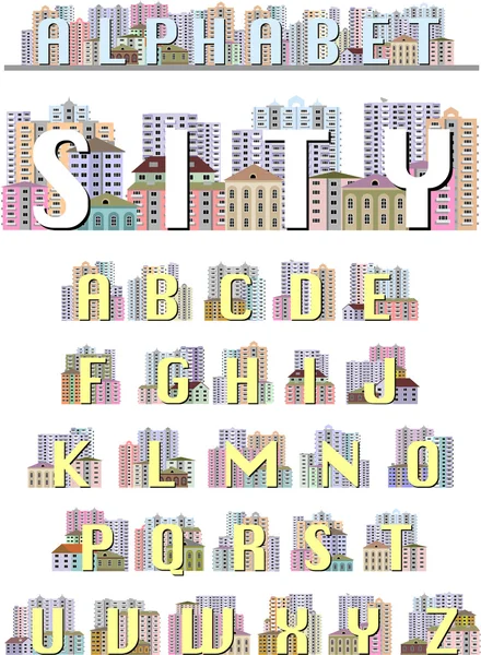 Het Latijnse alfabet, versierd met een silhouet van de stad — Stockvector