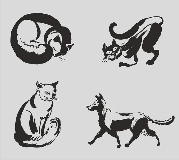 Cats and dogs, black and white sketches — Stock Vector