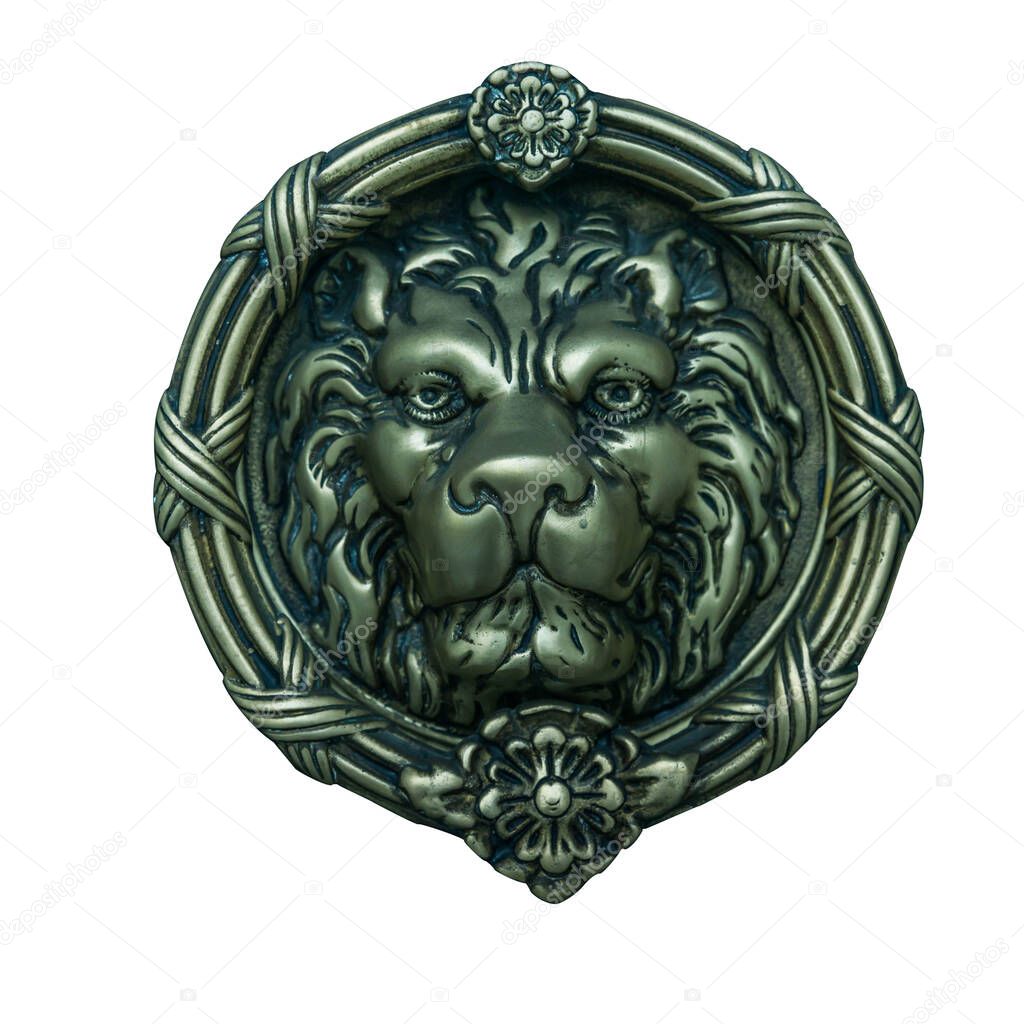 Original brass knocker in the shape of a lion's head, knocker isolated on white background, vintage door knob