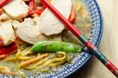 Zencefilli ve siyah mantarlı tavuk çorbası, yüksek proteinli buğday eriştesi, buğulanmış tavuk göğsü, jülyen havucu, kırmızı biber ve bezelye, ramen.