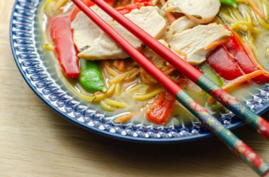 Zencefilli ve siyah mantarlı tavuk çorbası, yüksek proteinli buğday eriştesi, buğulanmış tavuk göğsü, jülyen havucu, kırmızı biber ve bezelye, ramen.