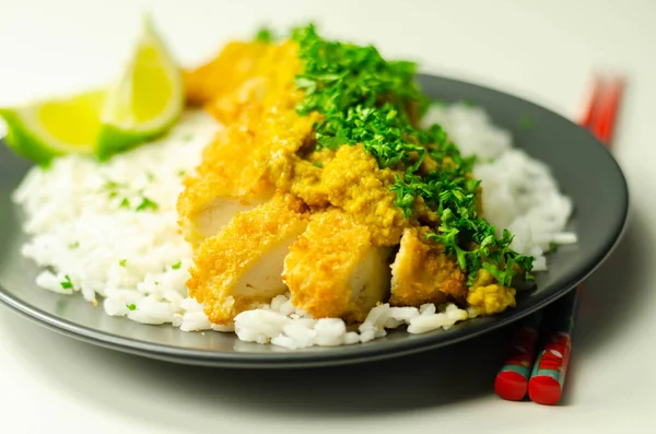 Frango Crocante Empoleirado Com Molho Curry Katsu Aromático Arroz Macio — Fotografia de Stock