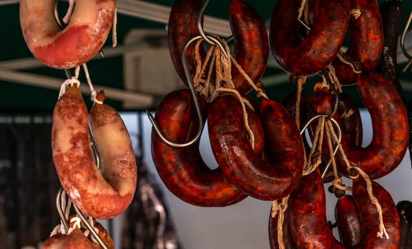 Typical Spanish Sausages Hanging Village Stall Food Market Traditional Meat — Stock Photo, Image