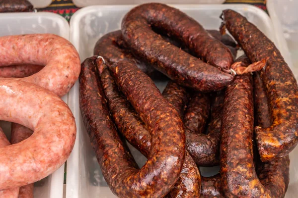 Typical Spanish Sausages Lying Village Stall Food Market Traditional Meat — Stock Photo, Image