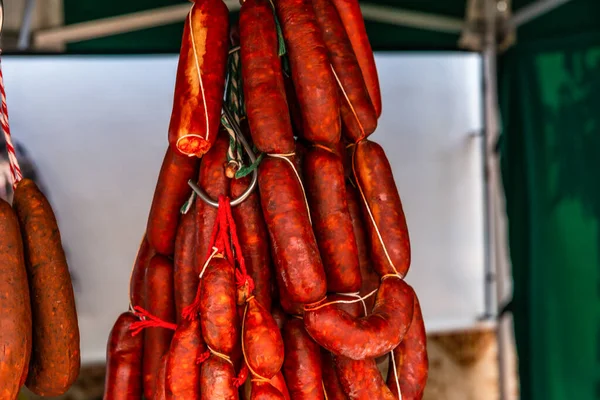 Typical Spanish Sausages Hanging Village Stall Food Market — Stock Photo, Image