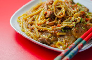 Baharatlı erişteli, tuzlu erişteli, doğranmış ördek, zencefil, kırmızı biber ve soğanlı, havuçlu, Çin mantısı, su kestanesi, oryantal yemek soslu.