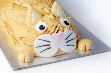 Kek kedisi, madeira süngeri, katmanlı ve karamel aromalı krema kaplı, yenilebilir şeker süslemeleri ile bitirilmiş, doğum günü pastası