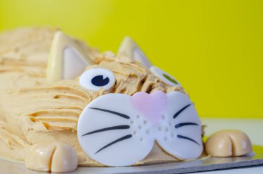 Kek kedisi, madeira süngeri, katmanlı ve karamel aromalı krema kaplı, yenilebilir şeker süslemeleri ile bitirilmiş, doğum günü pastası
