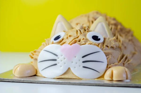 蛋糕猫 马德拉海绵 层次分明 涂有焦糖味的糖霜 最后配上可食用糖装饰 生日蛋糕 — 图库照片