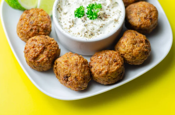 Falafels Gently Spiced Blend Sweet Potato Chickpeas Onion Sour Dip — Stock Photo, Image