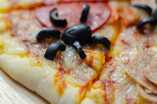 Meat Feast Pizza Thin Dough Decorated Black Olives Shape Spiders — Stock Photo, Image