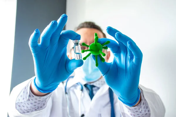 Scientist Doctor Holds One Hand Transparent Ampule Vaccine Other Model — ストック写真