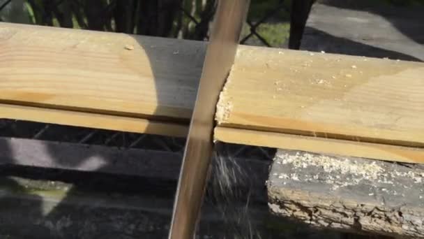 Proceso Corte Tablero Madera Por Sierra Hacksaw Vintage Sierra Mano — Vídeos de Stock