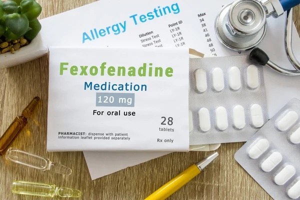 Fexofenadine Medicies Antihistine Drug Concept Photo Лікарняному Столі Пакуються Слова — стокове фото