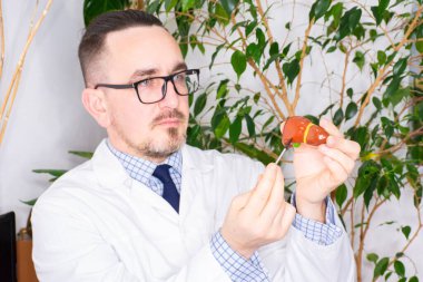 Doktor, hastanın karaciğerinin anatomik yapısının azaldığını gösteriyor. Bu da organın patolojisinin ya da sorununun nerede olduğunu gösteriyor. Karaciğer teşhis konsepti fotoğrafı