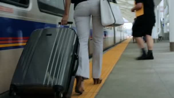 Vrouw met koffer op platform op het station. — Stockvideo