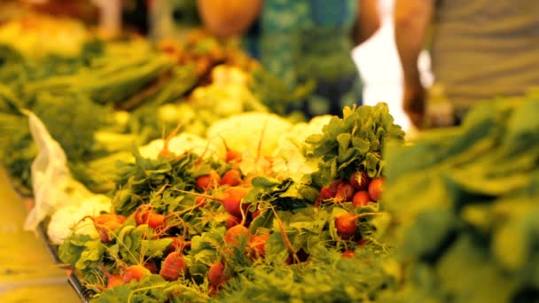 Productos frescos en el mercado local. — Vídeo de stock