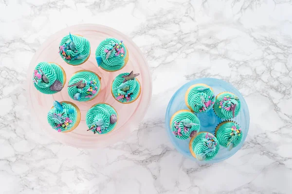 Flach Lag Gourmet Meerjungfrau Cupcakes Mit Blauem Buttercreme Zuckerguss Belegt — Stockfoto