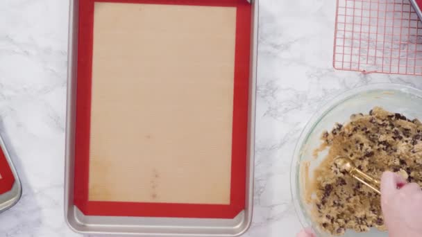 Homemade Chocolate Chip Cookies Dough Scoops Baking Sheet — Stock Video