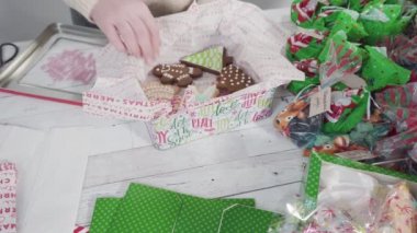 Hediyeler için ev yapımı zencefilli ekmek ve şeker Noel kurabiyeleri paketliyorum..