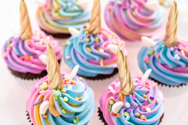 Unicorn Cupcakes Decorated Colorful Buttercream Icing Sprinkles — Stock Photo, Image