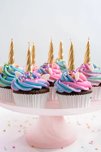 Unicorn Cupcakes Decorated Colorful Buttercream Icing Sprinkles — Stock Photo, Image