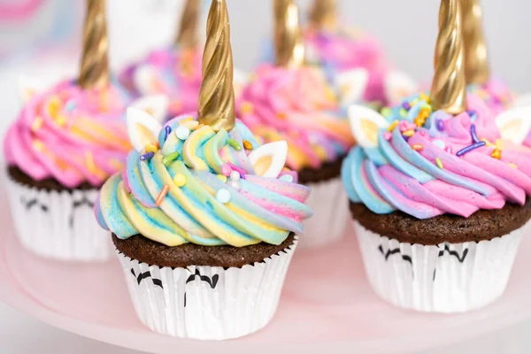 Unicorn Cupcakes Decorated Colorful Buttercream Icing Sprinkles — Stock Photo, Image