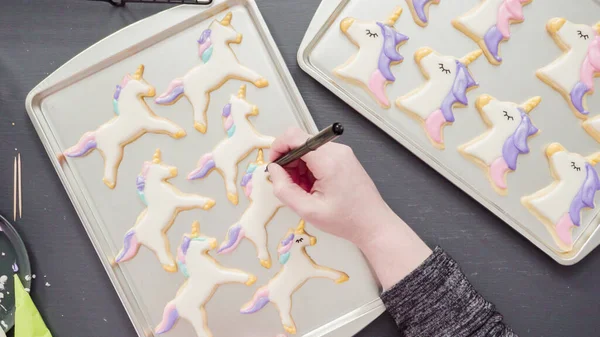 Flat Lay Step Step Decorating Unicorn Sugar Cookies Royal Icing — Stock Photo, Image