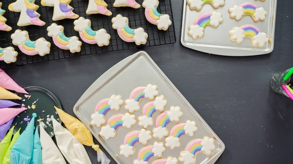 Flat Lay Step Step Decorating Unicorn Sugar Cookies Royal Icing — Stock Photo, Image